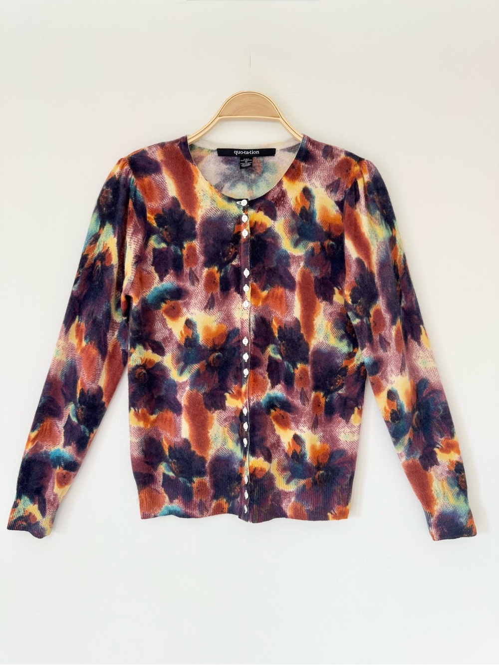 Quotation Rainbow Watercolor Fall Colors 2-Ply Cashmere Cardigan, Size M
